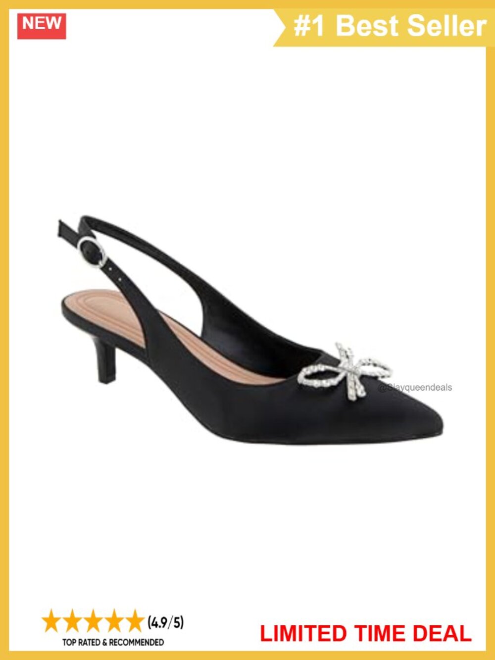 Satin Pointed Toe Kitten Heel Pump with Rhinestone Bow Brooch